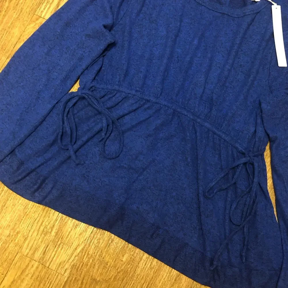 Nordstrom Caslon Blue Crewneck Long Sleeve Drawstring Peplum Blouse Size Medium - Picture 4 of 10